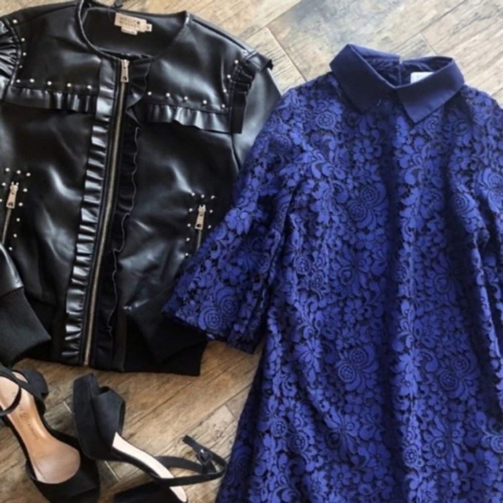 Boutique French Lace Navy Blue Collar Shift Dress - Picture 2 of 8